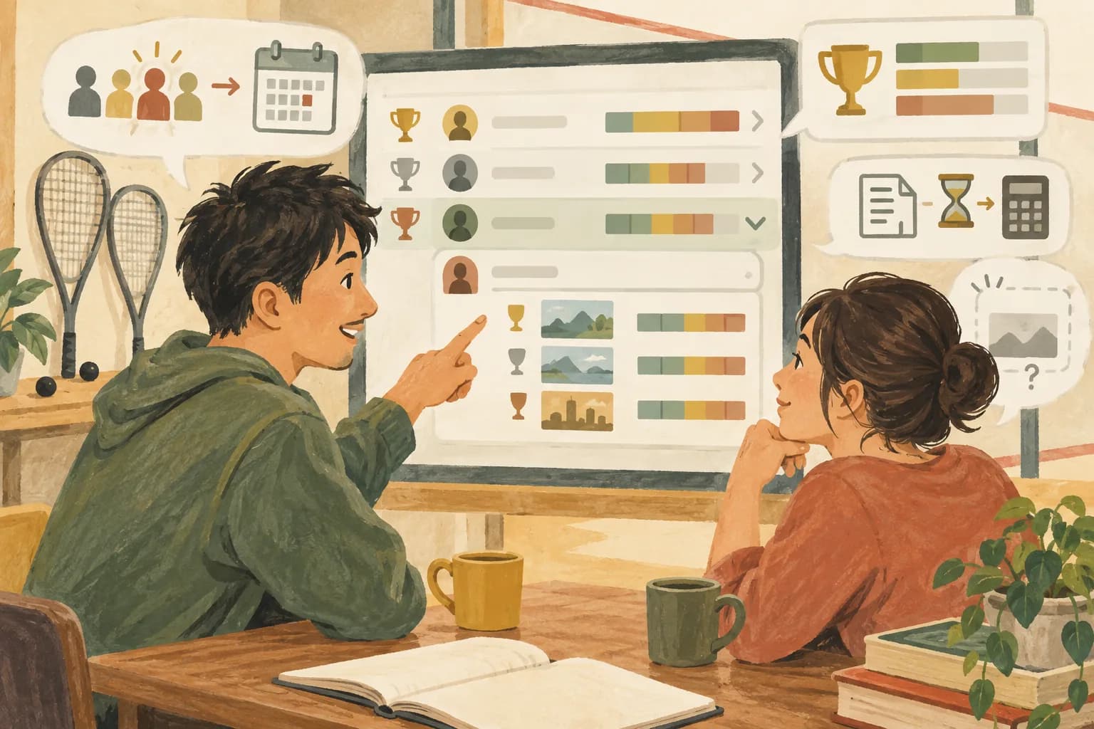 スカッシュランキングの見方:順位の数字と、ポイントの内訳を分けて見るを表すイラスト