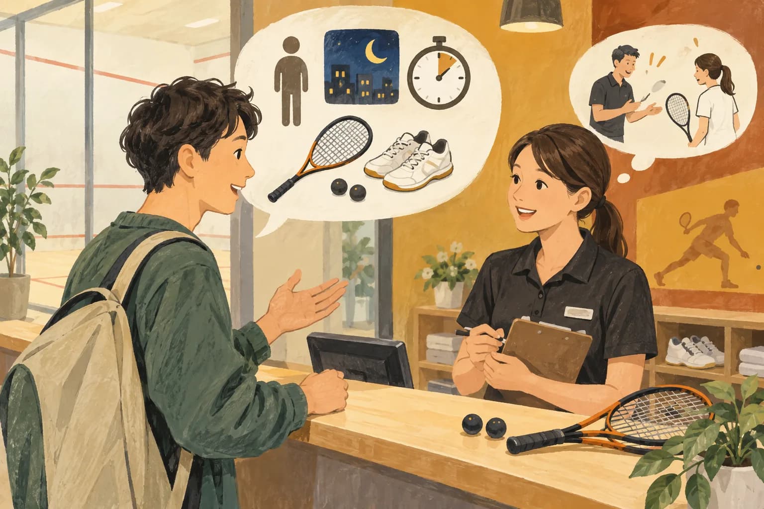 スカッシュの料金はいくら?体験・コート利用・スクールの費用:希望する条件で、施設の最新料金を確認するを表すイラスト