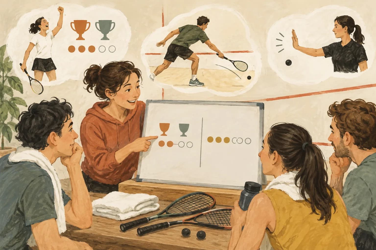 スカッシュの試合ルールとスコアの読み方:記事の表紙を表すイラスト