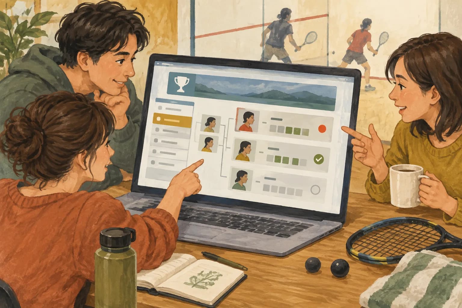 スカッシュの試合ルールとスコアの読み方:実際のライブ・結果ページで確認する順番を表すイラスト