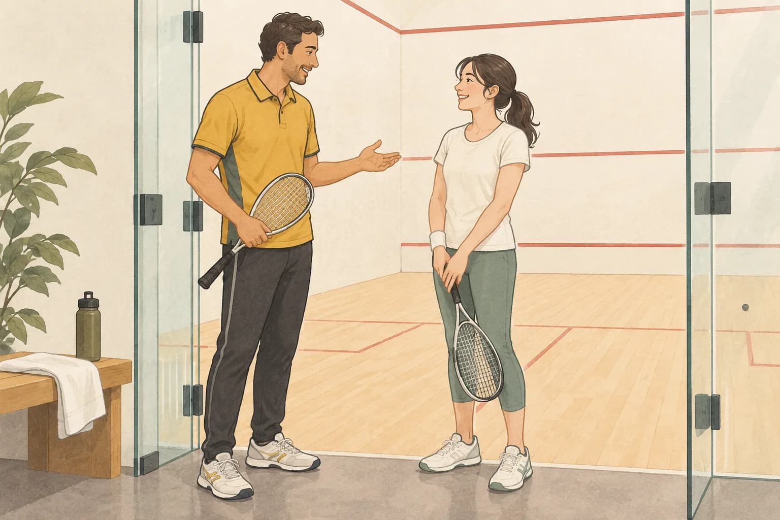 初めてのスカッシュ体験についてコーチと話す参加者のイラスト